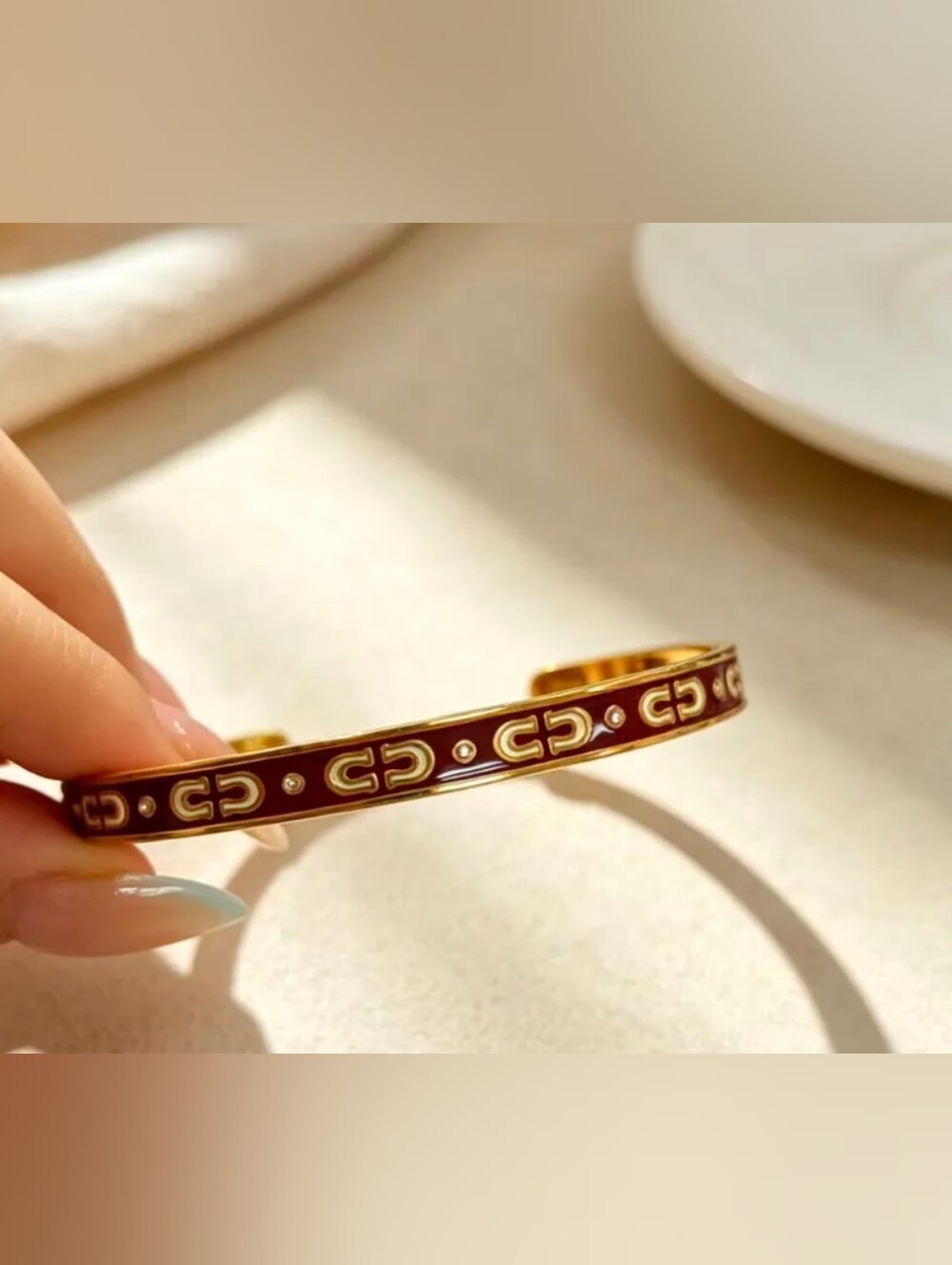 Gold-Tone Red Enamel Cuff Bracelet with Signature Motif Nwot